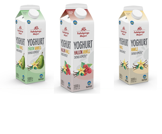 Krmig yoghurt i tre olika smaker 